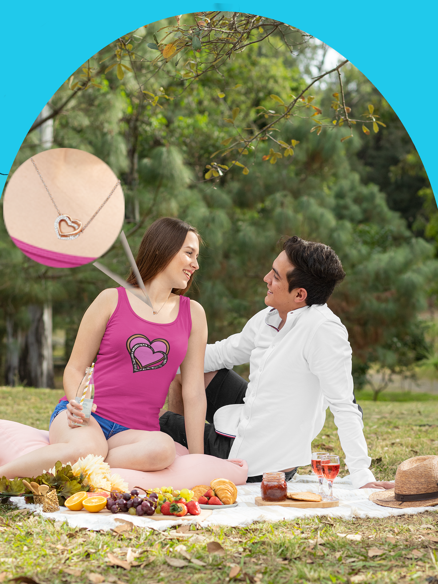 Happy Couple on a Picnic, he gave her the Two Hearts Pendant necklace to show his feeling for her.